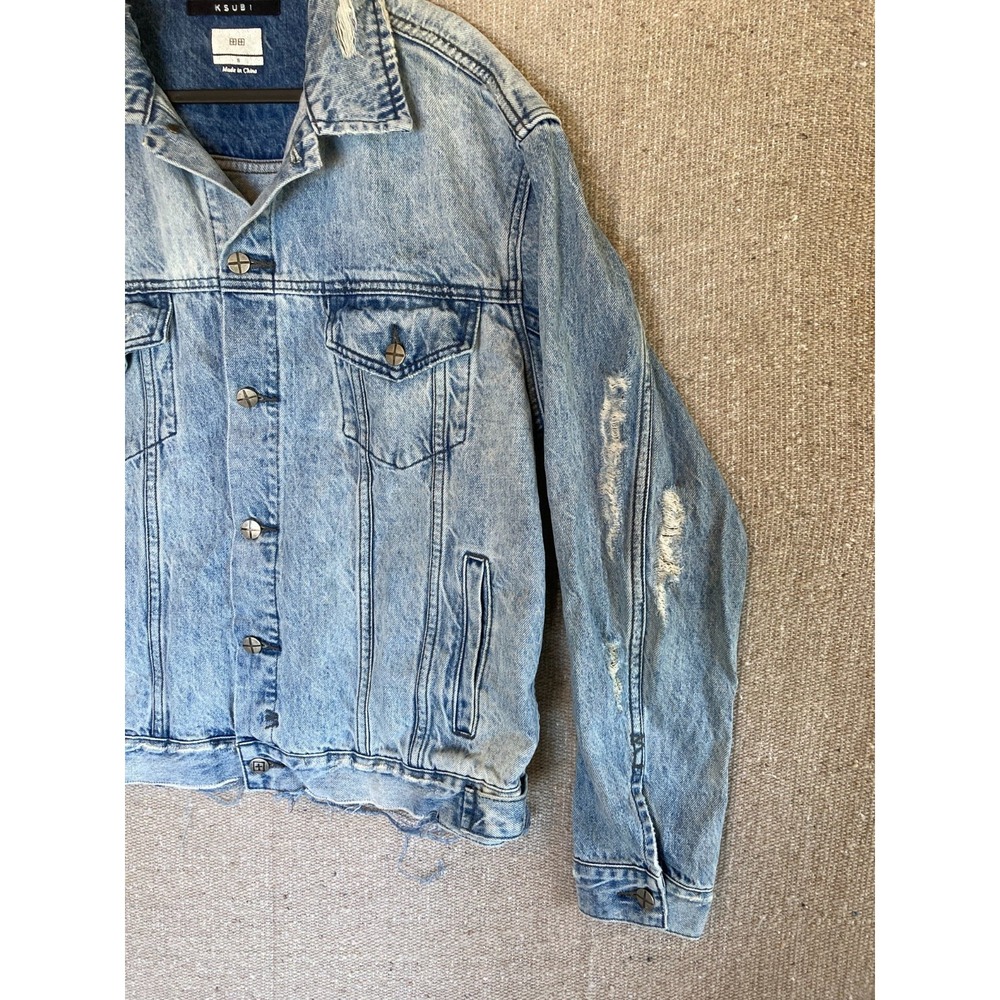 Mens  Sz Small KSUBI Distressed Jeans Denim Jacket Light Wash Rocker - Picture 5 of 10